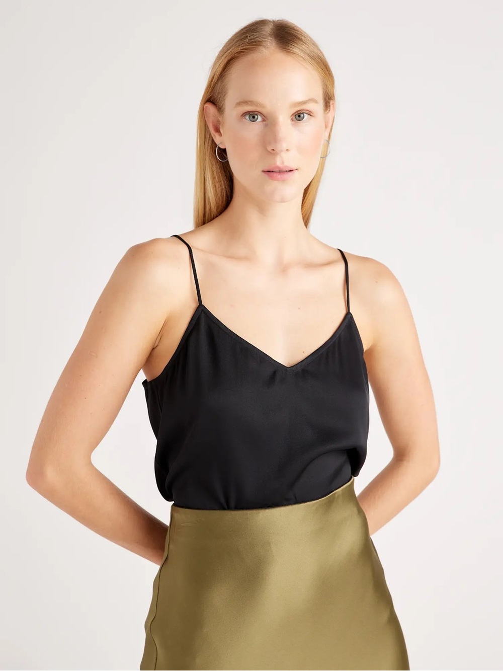 NWT Quince Women's Black Silk V-Neck Cami Tank Washable Stretch Sleeveless XL